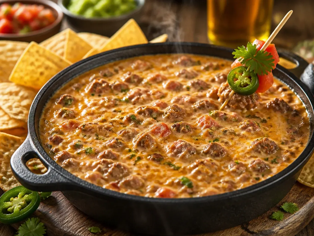 Rich double-cheese and sausage rotel dip in a serving bowl with a spoon lifted out