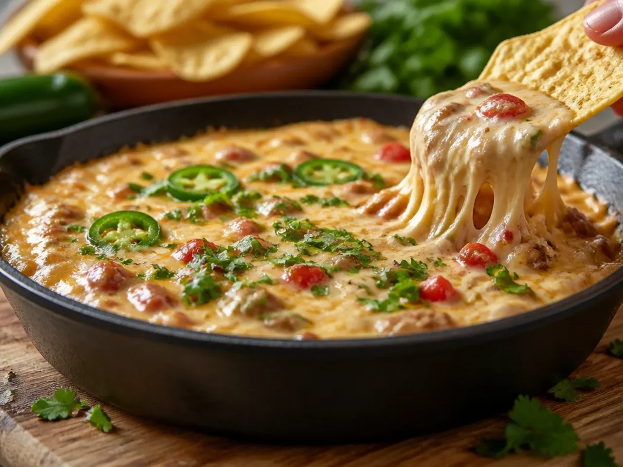 Extra cheesy pepper jack rotel dip with visible cheese pull