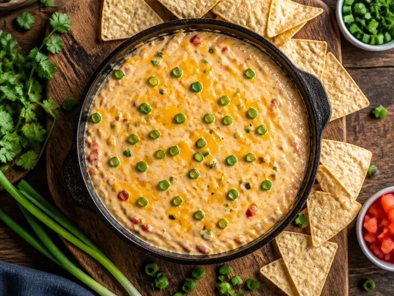 Bowl of budget cheddar-based rotel dip with a golden, glossy sheen