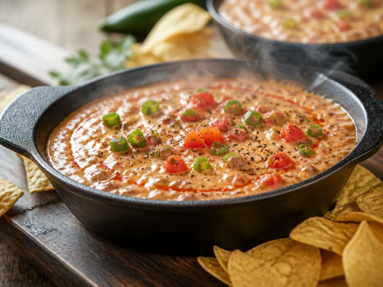 Large party-size batch of rotel dip in a slow cooker surrounded by chips and crackers