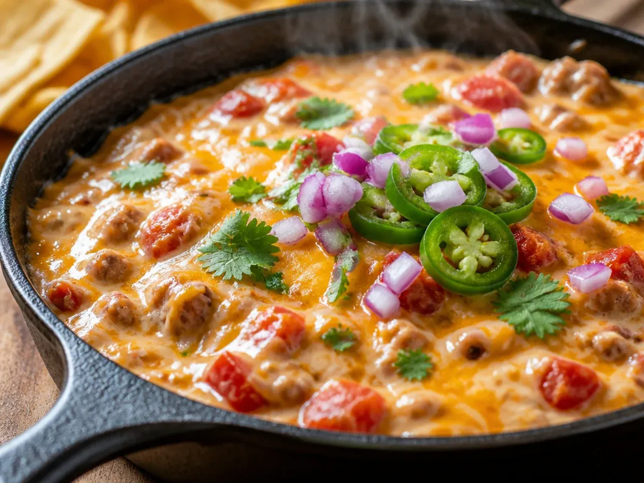 Ovenproof dish of make-ahead rotel dip fresh out of the oven, bubbling at the edges