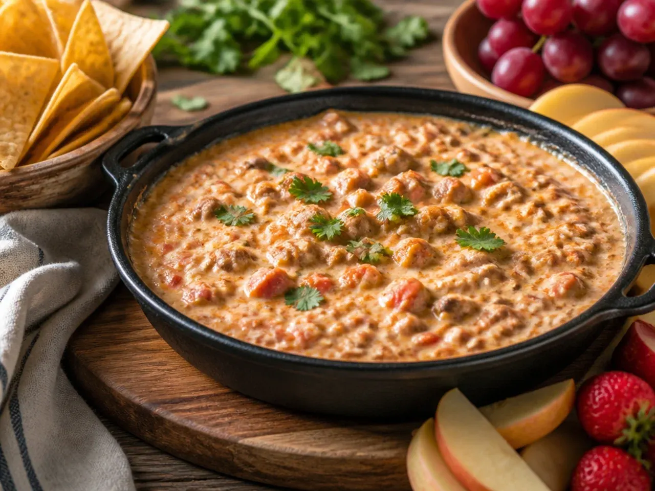 Mild turkey rotel dip served with plain tortilla chips for a family gathering