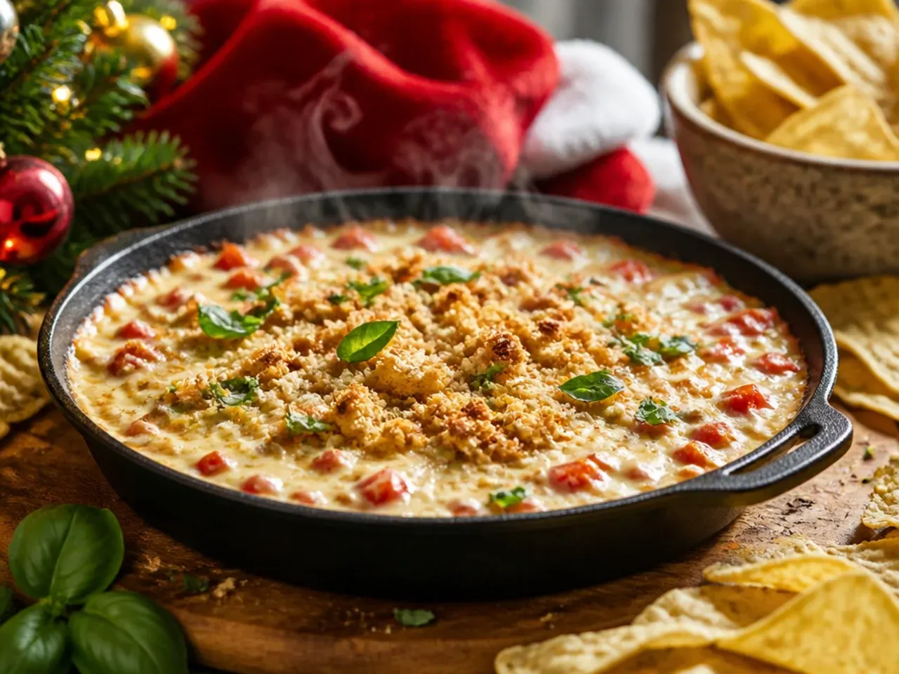 Festive rotel dip garnished with red and green peppers on a Christmas table