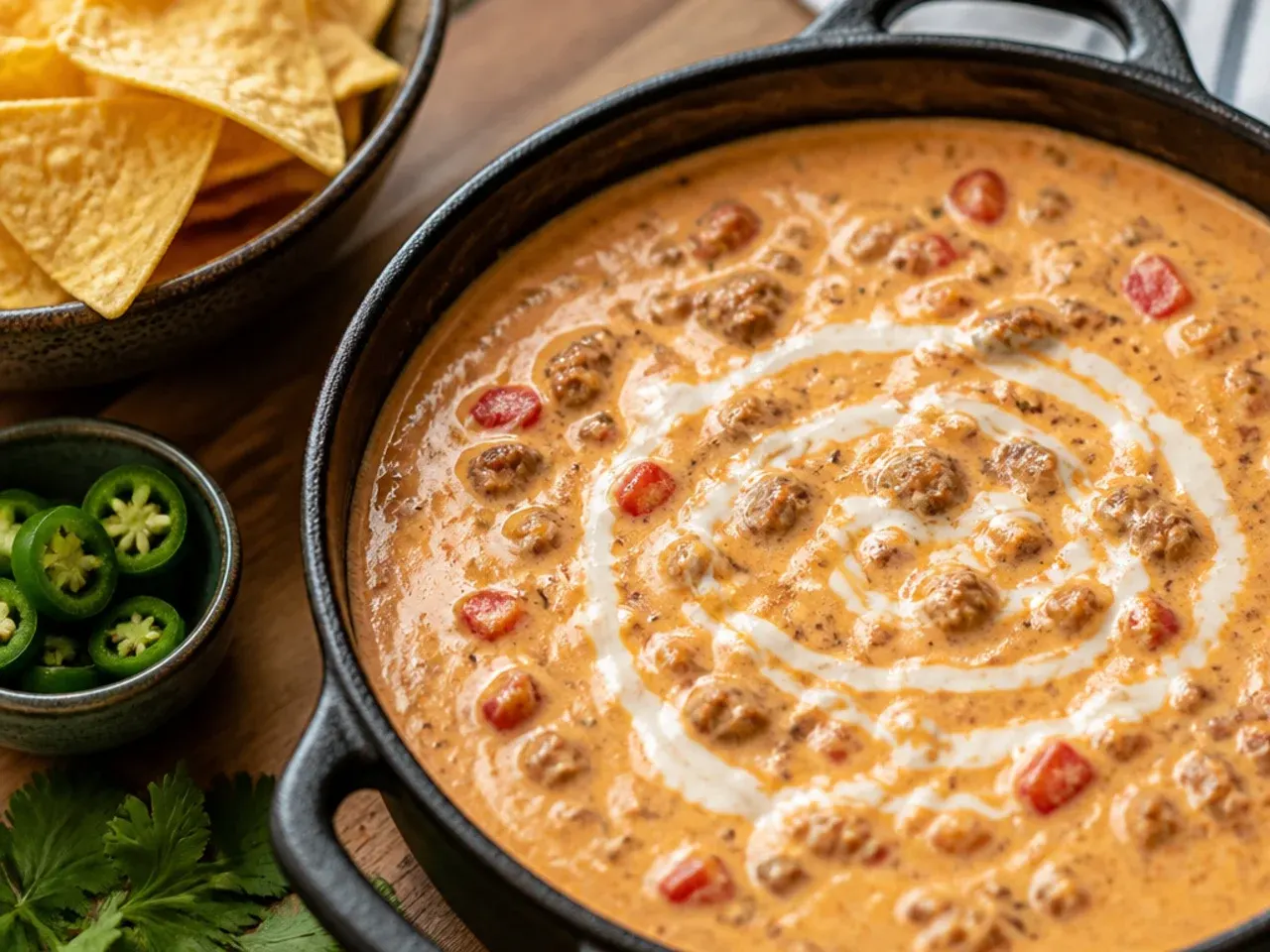 Quick microwave rotel dip ready in five minutes with a spoon resting in the bowl
