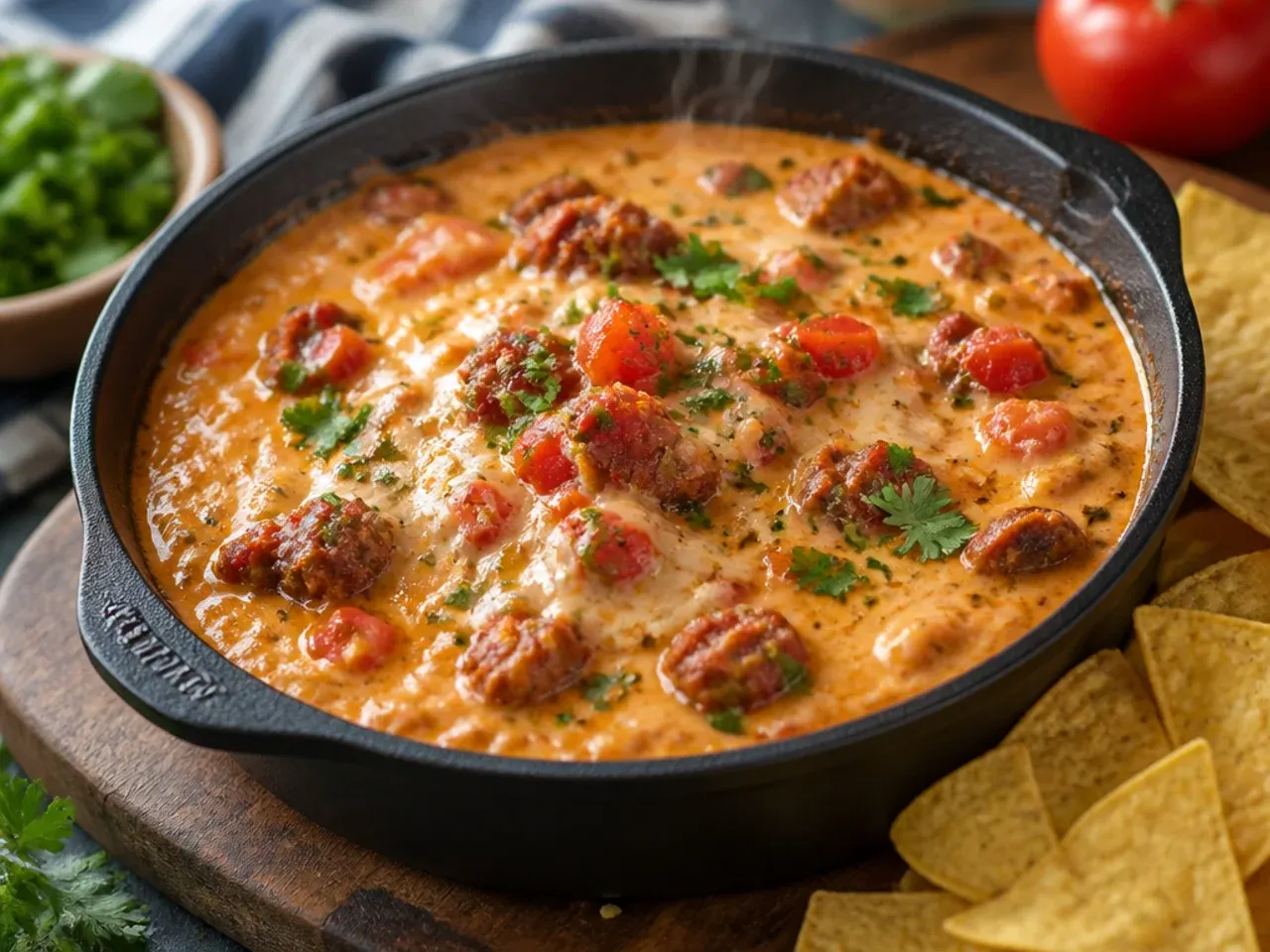Smoky chorizo rotel dip with visible red-orange oil and melted cheese