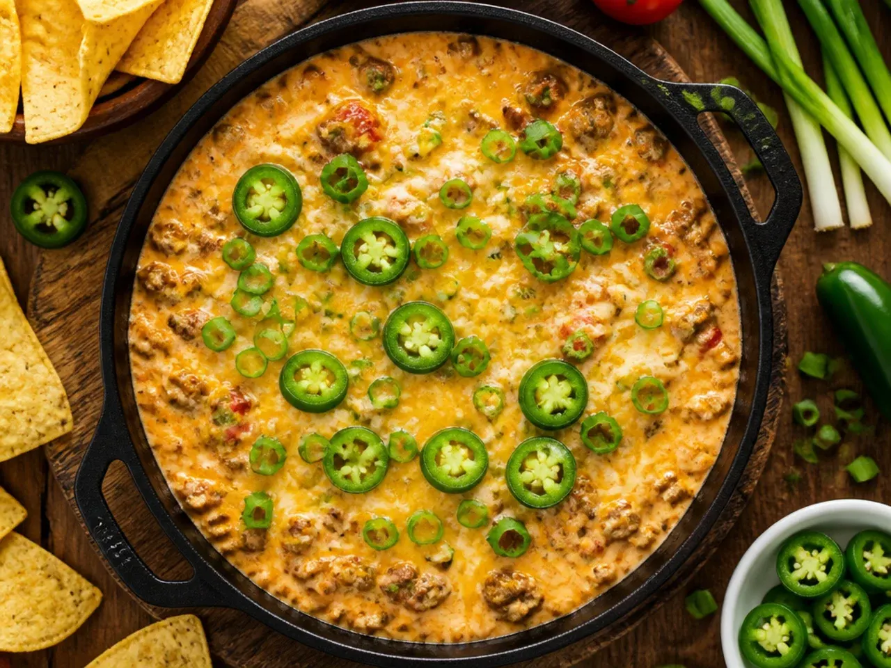 Spicy rotel dip topped with fresh sliced jalapeños