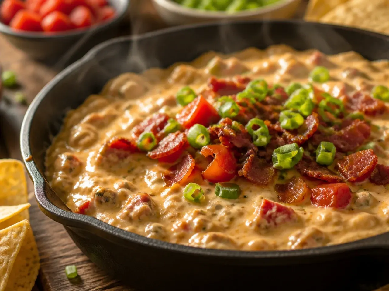 Bacon ranch rotel dip topped with crumbled bacon and fresh chives