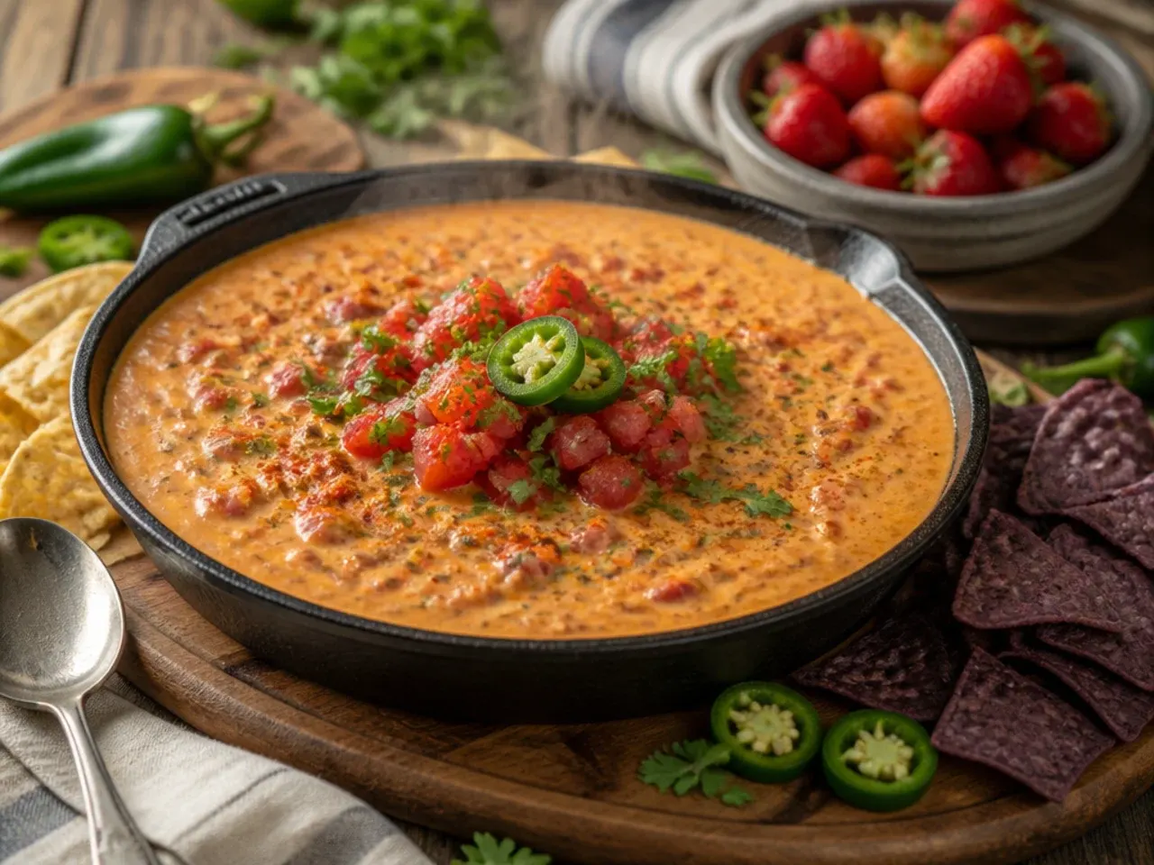 Thick chilli-cheese rotel dip with visible beans and a rich red-brown colour