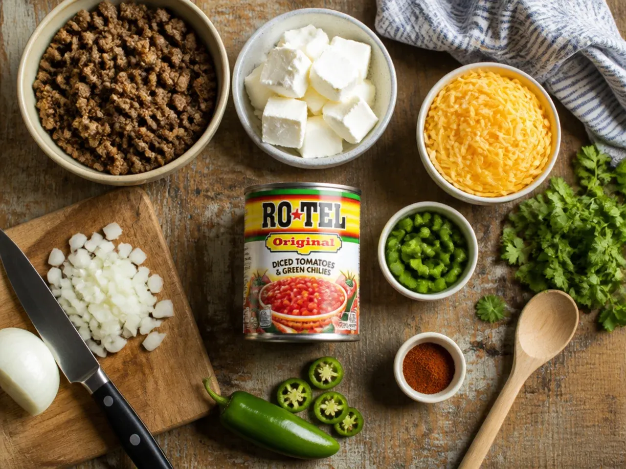 Close-up of cubed processed cheese being added to a pan for rotel dip