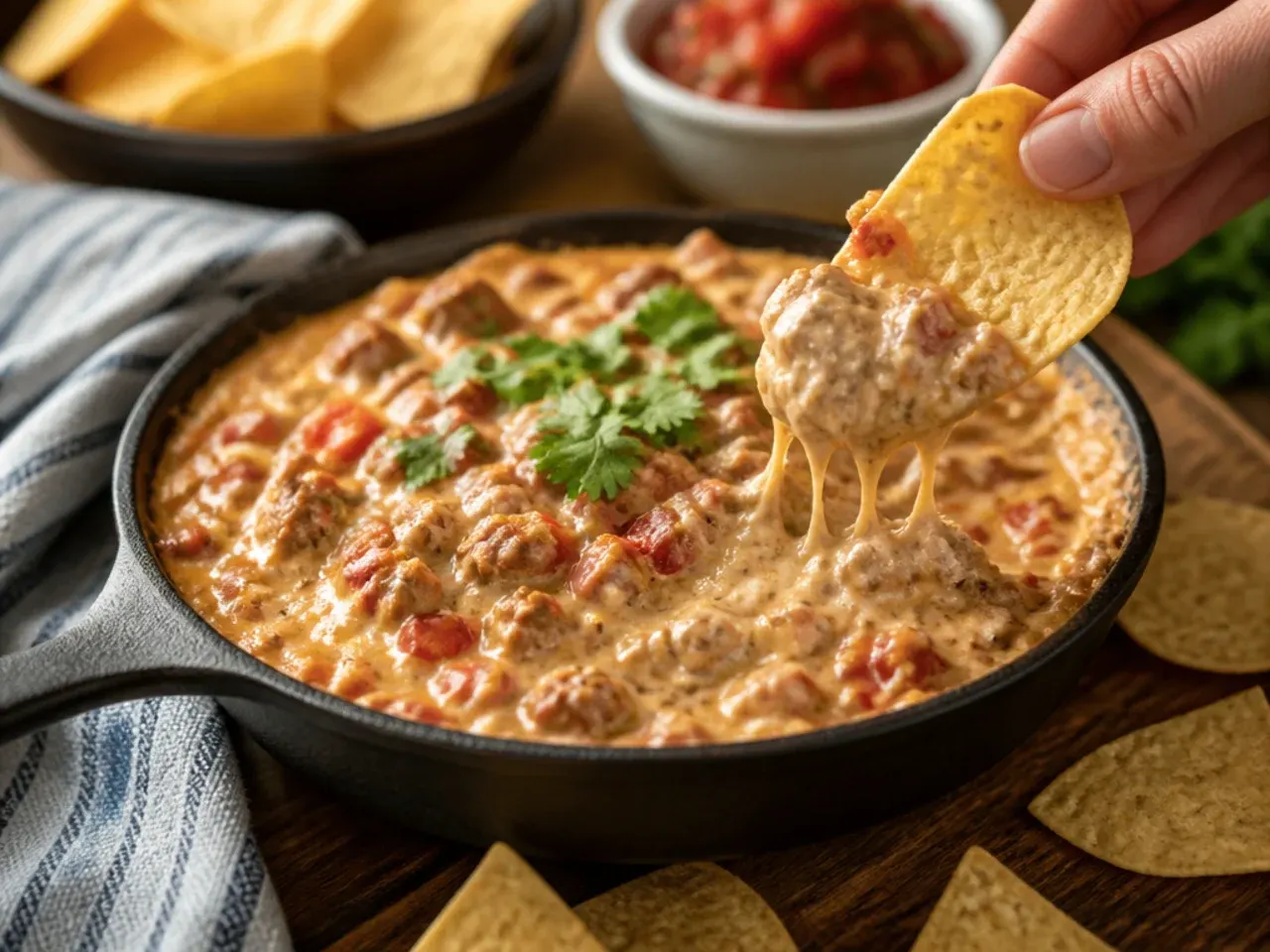 Rotel dip served with a spread of tortilla chips, vegetable crudités and pretzel bites