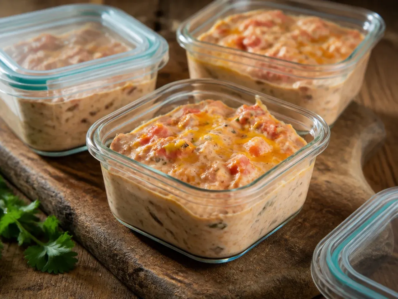 Airtight container of leftover rotel dip being reheated in a saucepan