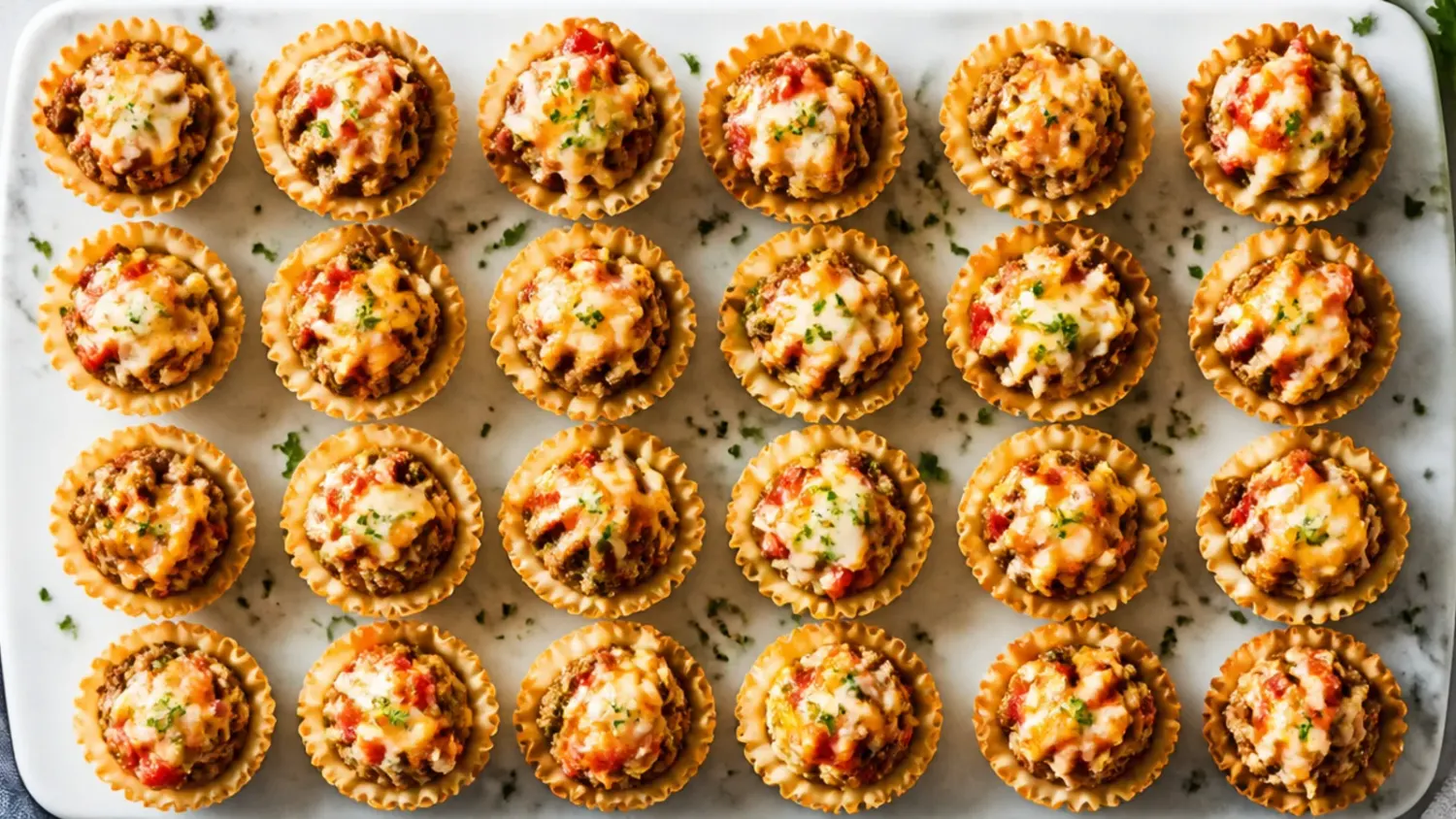A platter of golden rotel phyllo cup appetizers topped with melted cheese and fresh coriander, ready for game day