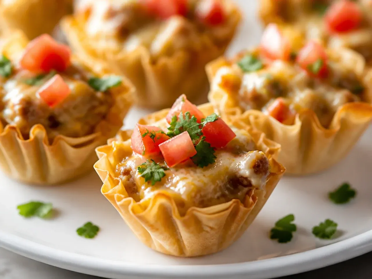 Close-up of a single rotel phyllo cup appetizer with melted cheese and Rotel tomatoes