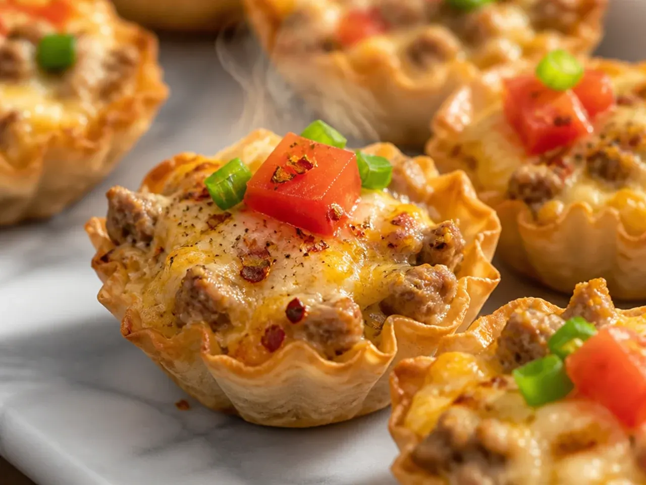 Cream cheese and sausage Rotel phyllo cups on a wooden board