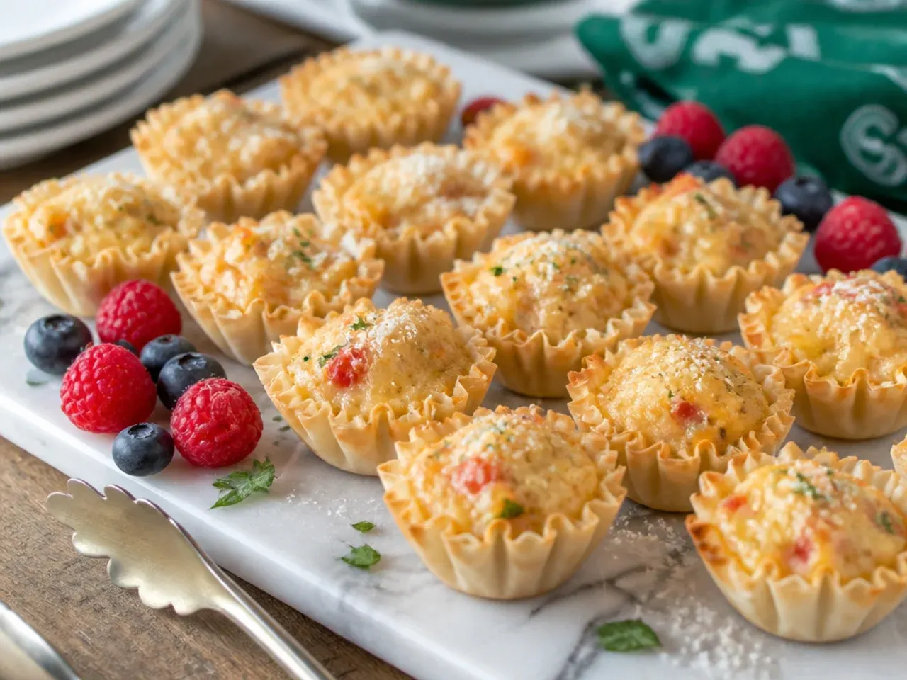 Simple two-cheese Rotel phyllo cups with visible cheese pull