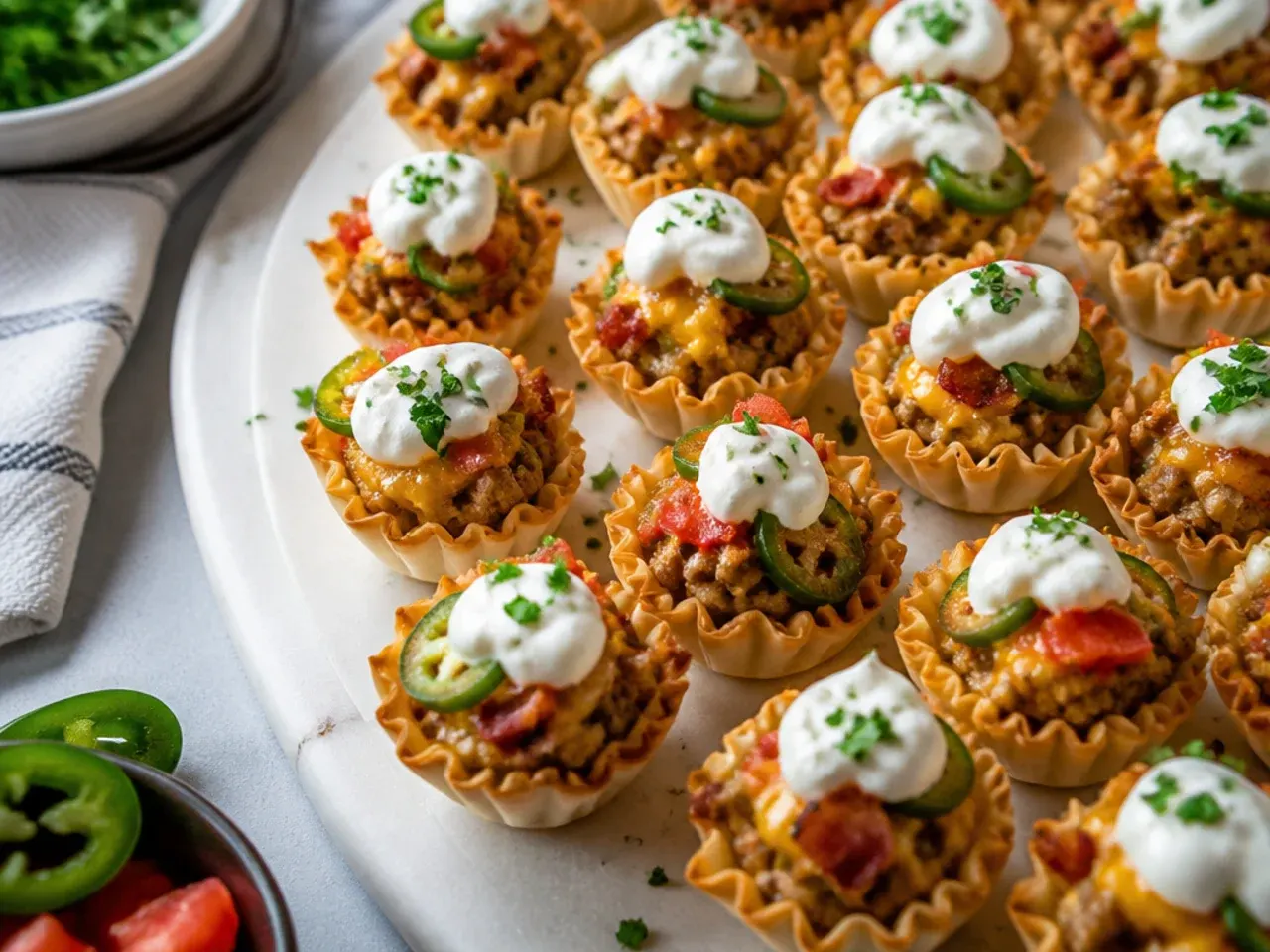 Loaded Rotel phyllo cups with bacon, sausage and jalapeño