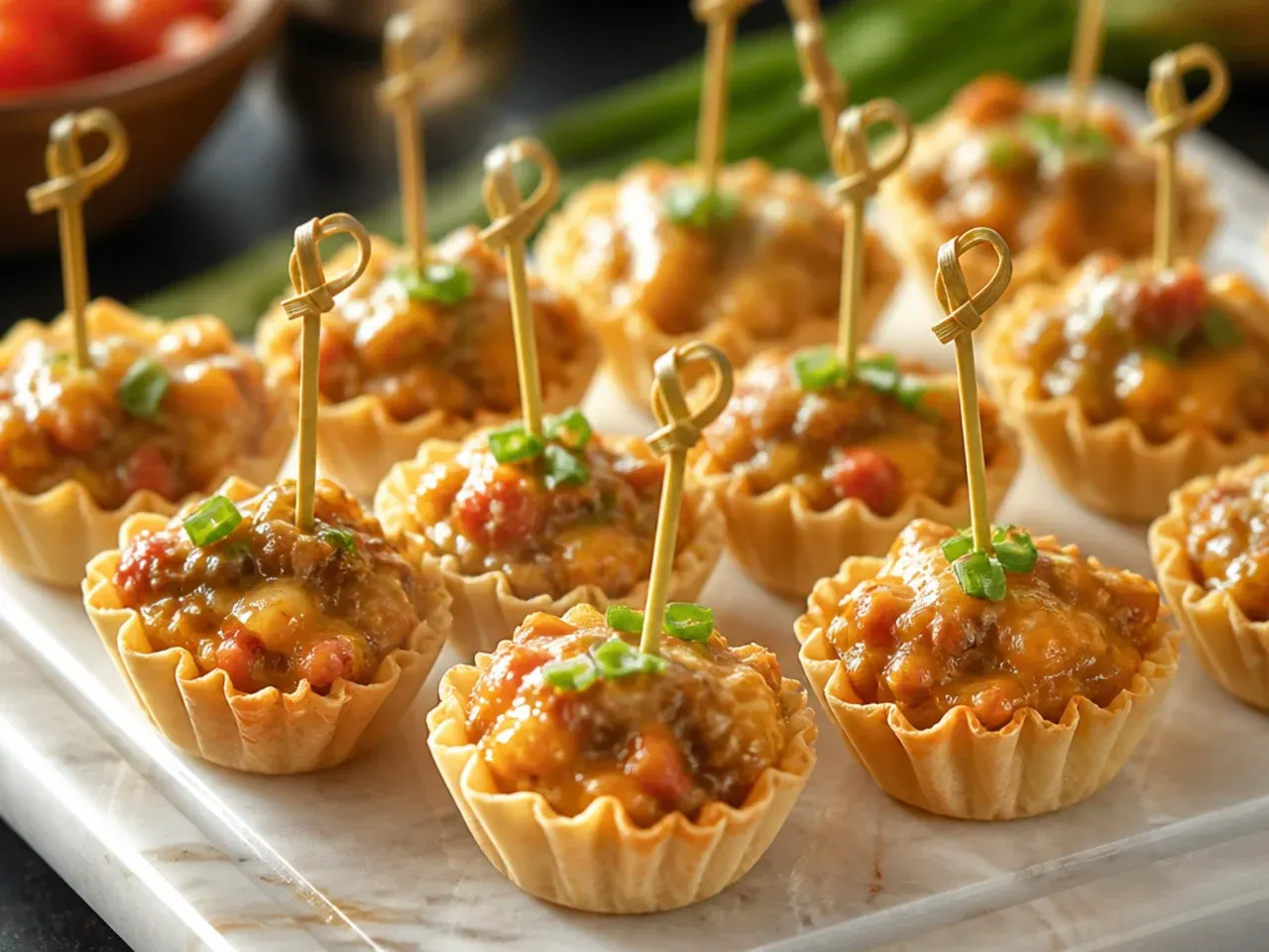 Slow-cooked Rotel filling being spooned into phyllo shells