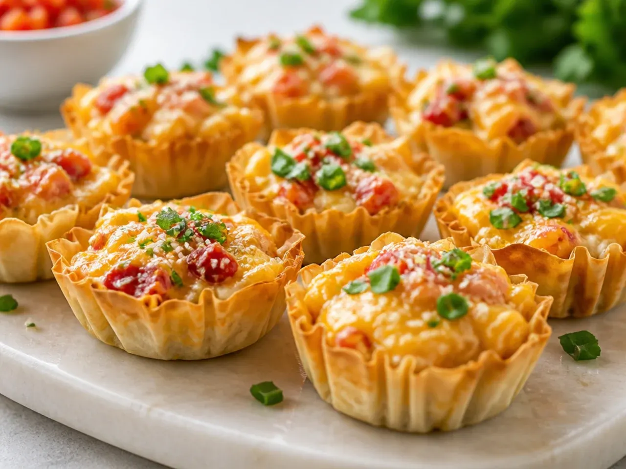 Extra cheesy Rotel phyllo cups with a golden bubbling top