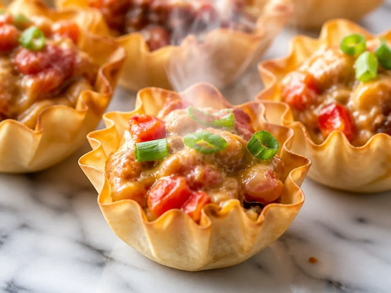 Frozen unbaked Rotel phyllo cups arranged on a tray before freezing
