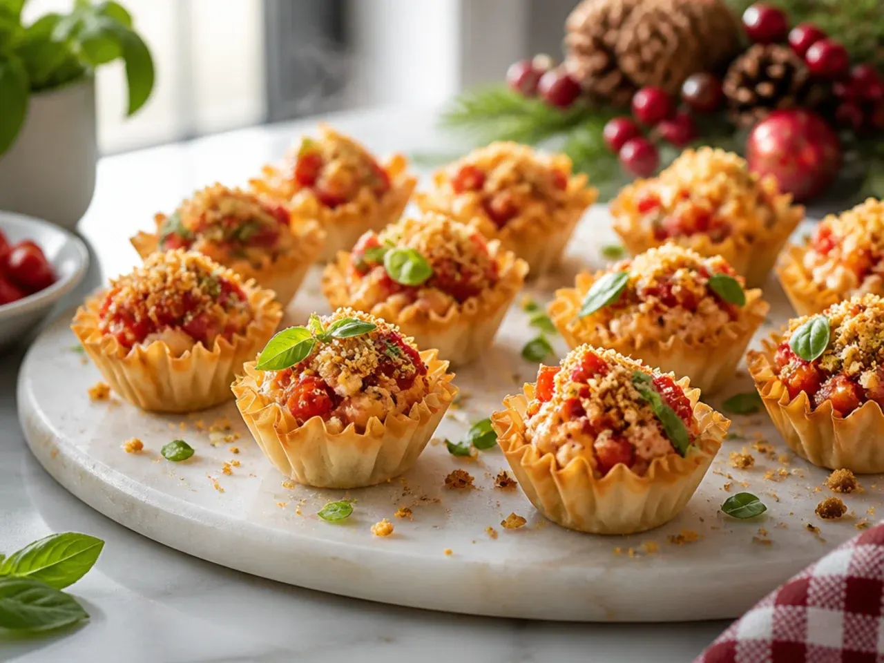 Festive Rotel phyllo cups garnished with chives and rosemary for the holidays