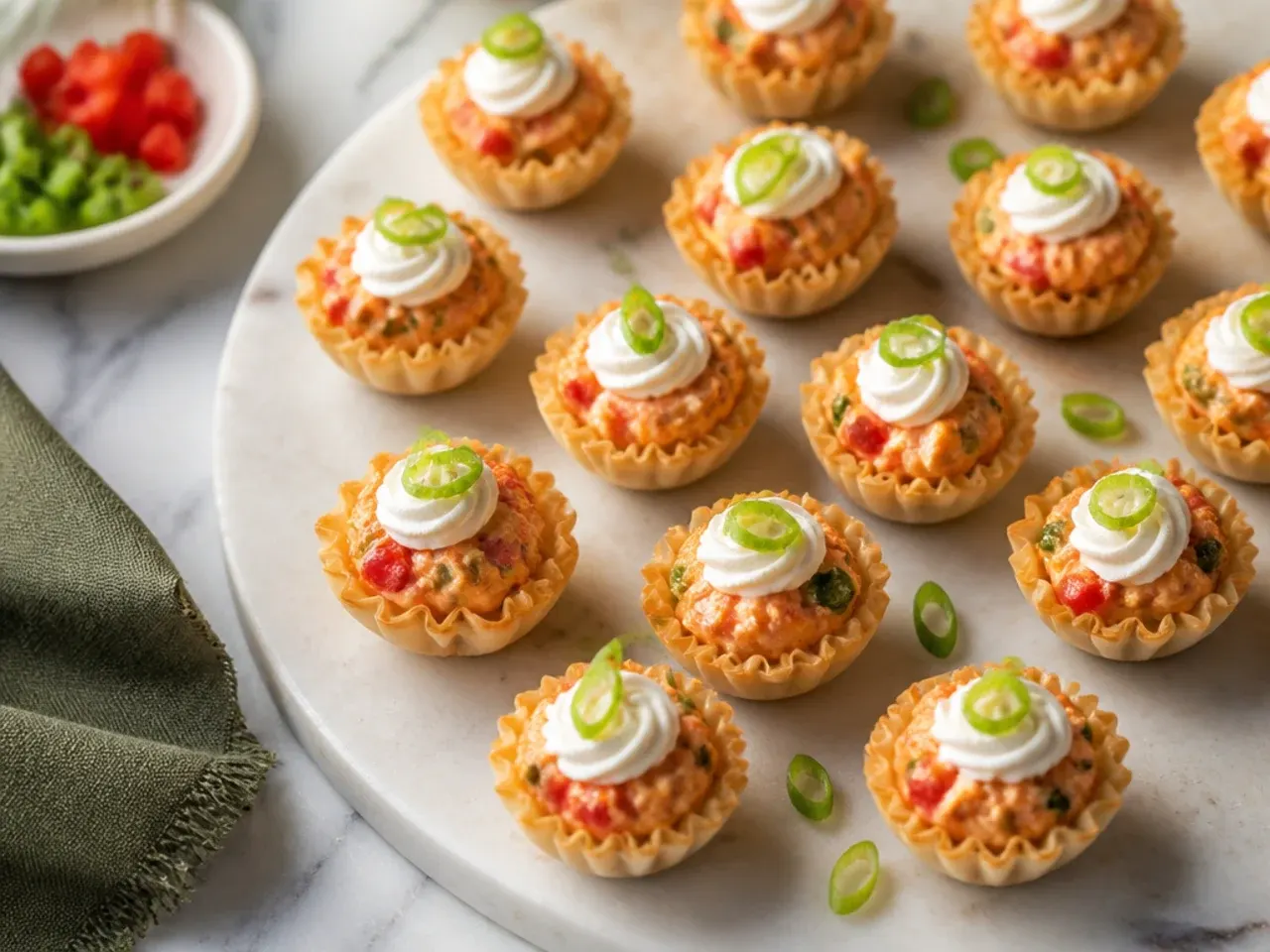 Quick no-cook Rotel phyllo cups ready for a fast bake
