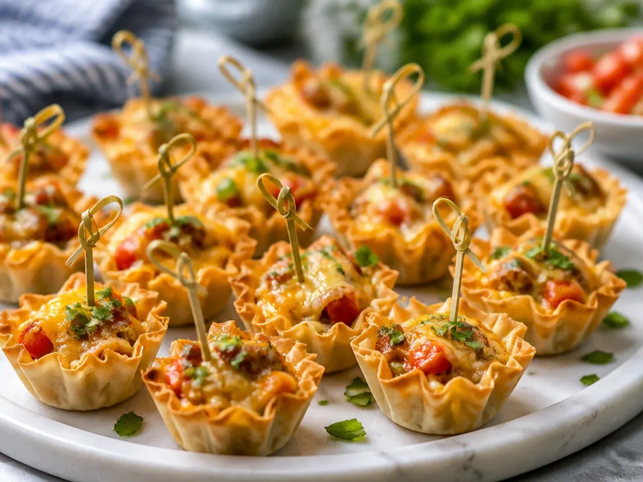 Homemade phyllo shells being pressed into a mini muffin tin