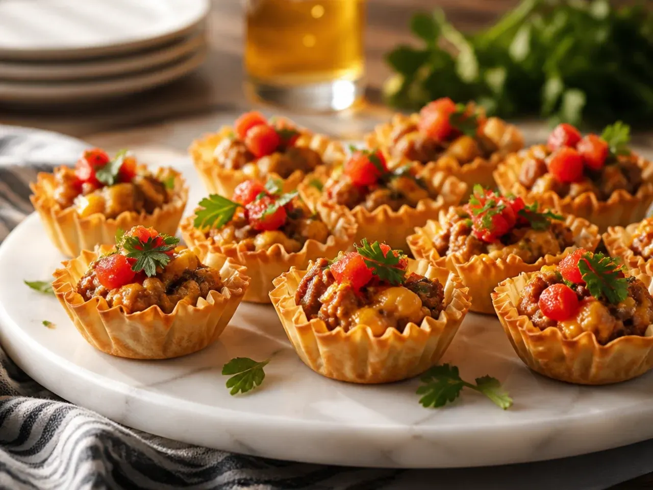 A platter of Rotel phyllo cups served with soured cream and guacamole for dipping