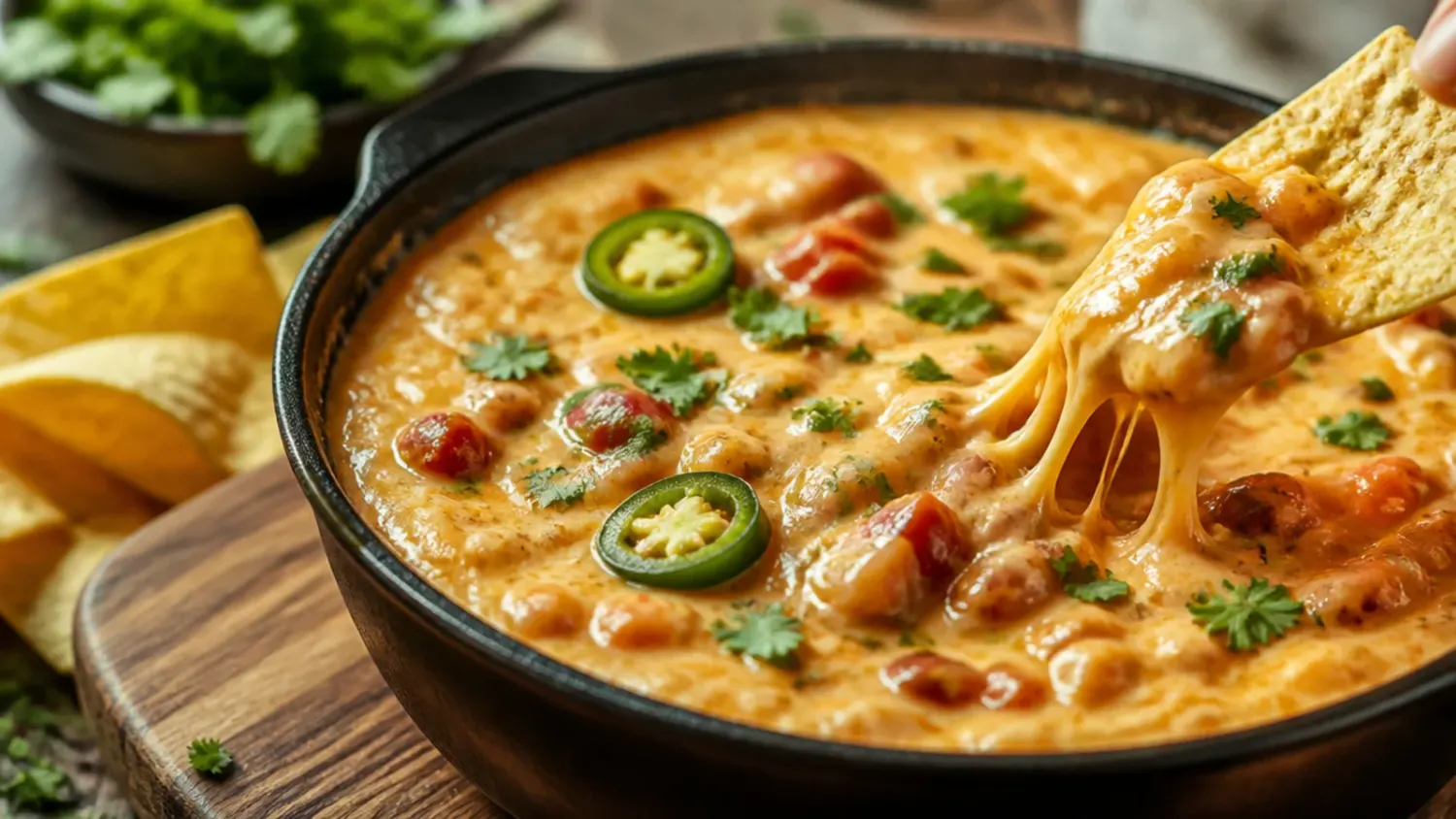 A bowl of melted rotel queso dip studded with tomatoes and green chillies, surrounded by tortilla chips for dipping