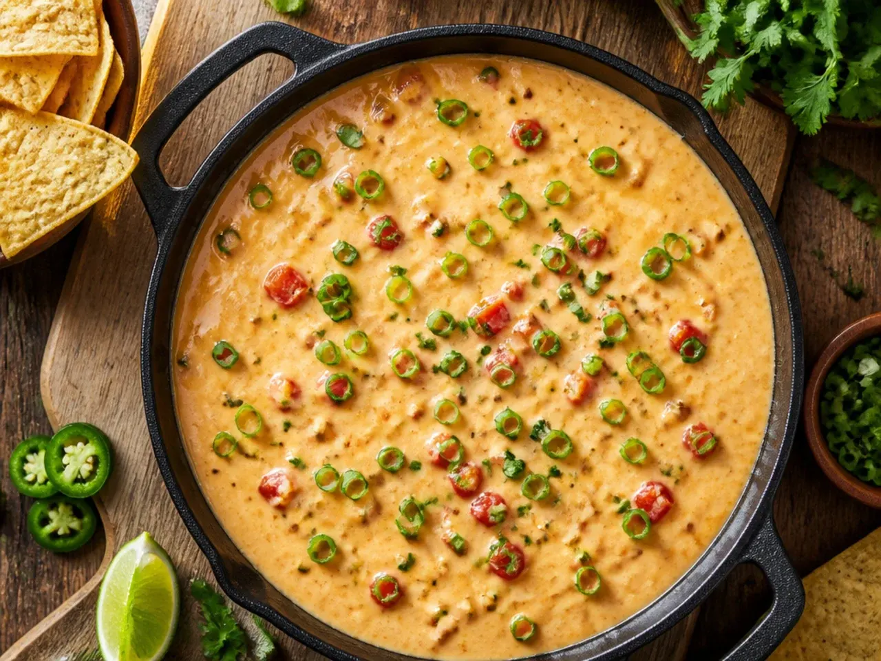 Grated white American cheese and cream being whisked into a smooth restaurant-style queso in a saucepan