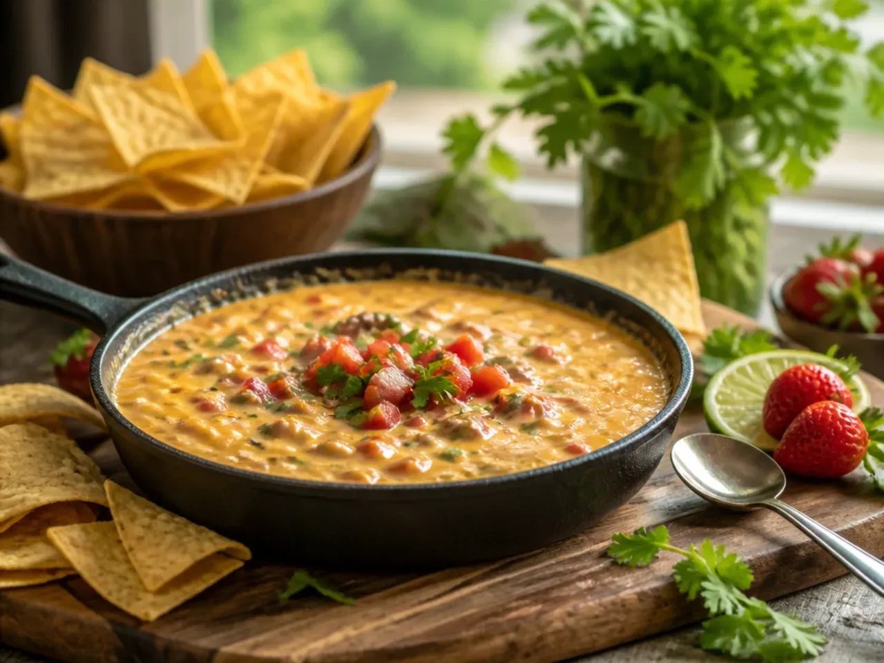 Two saucepans on a hob, one nearly finished with rotel queso and one still being whisked for classic queso