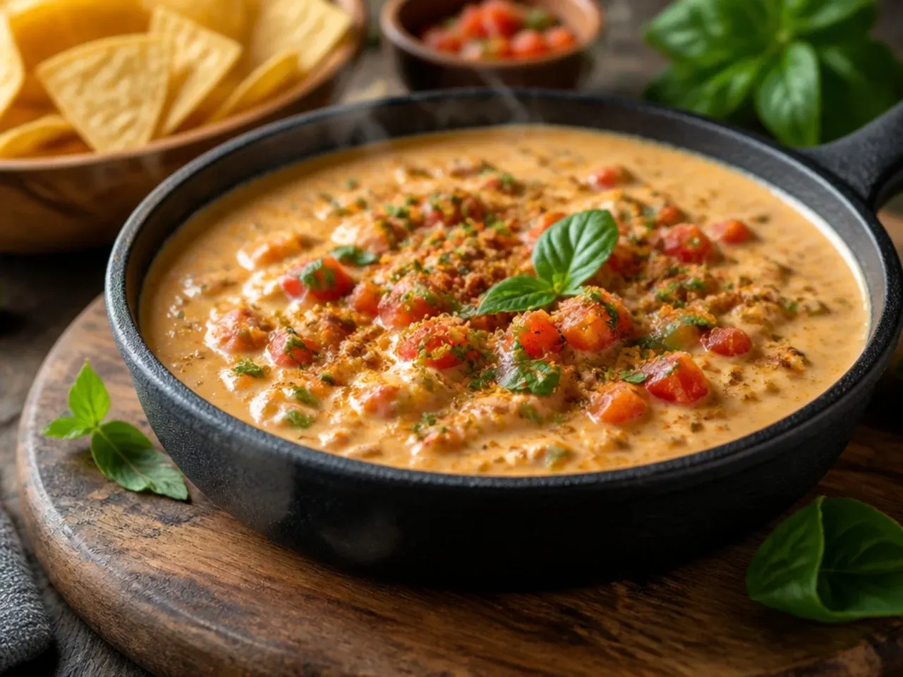 A finished bowl of hybrid queso dip garnished with fresh coriander and set out for a party table