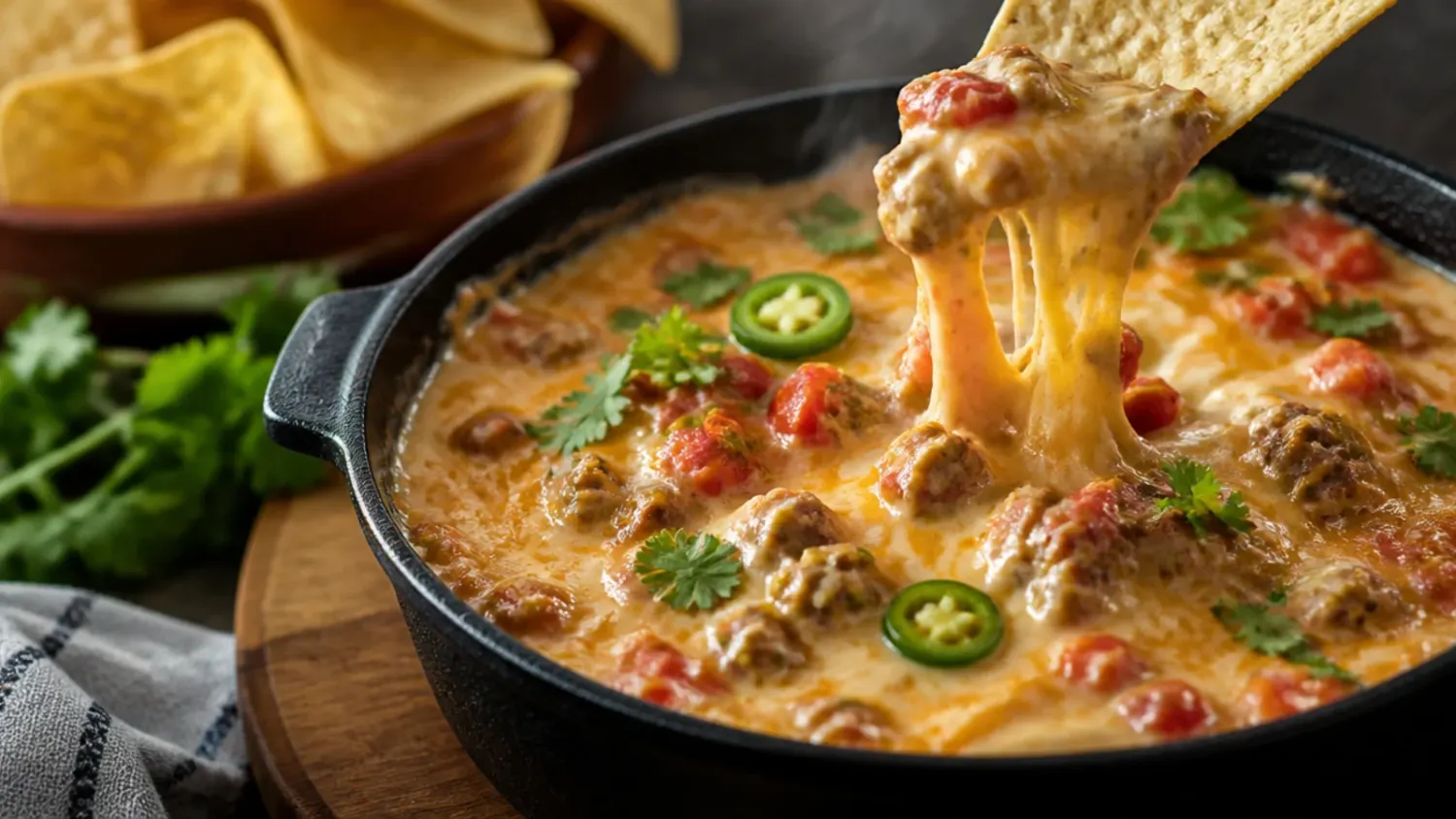 A cast iron skillet of creamy rotel sausage dip with melted cheese, browned sausage and diced tomatoes, served with tortilla chips