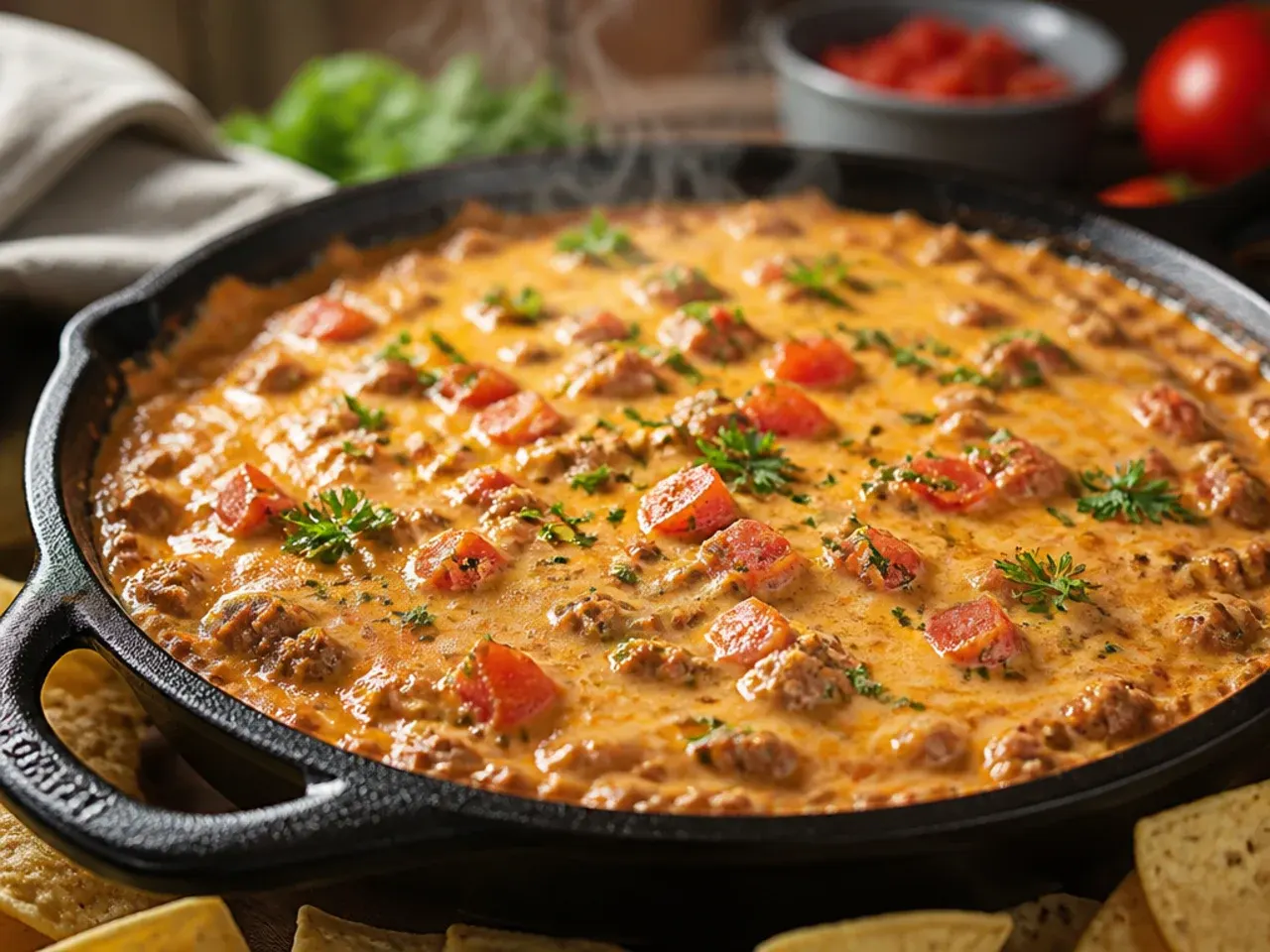 Overhead shot of a bowl of rotel sausage dip surrounded by tortilla chips ready for dipping