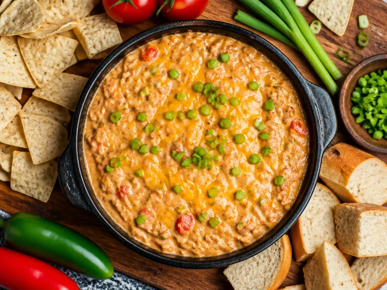 Skillet of classic three-ingredient rotel sausage dip with melted cheese and browned sausage