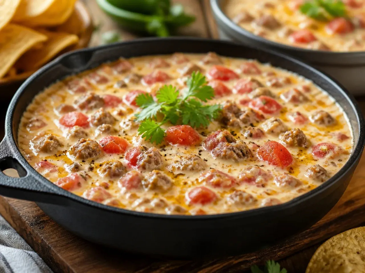 Slow cooker filled with melted rotel sausage dip on a serving table
