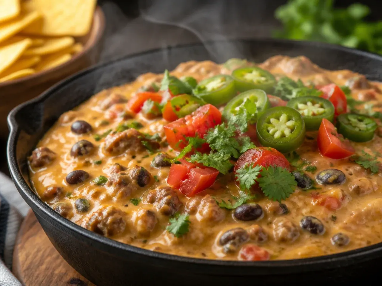 Bowl of bean-loaded rotel sausage dip spooned over a baked potato