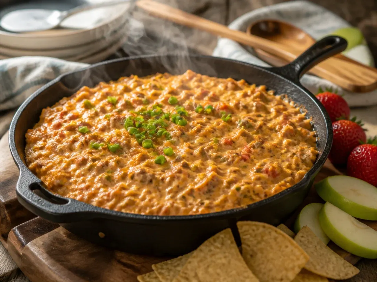 Single skillet of rotel sausage dip being stirred with a wooden spoon