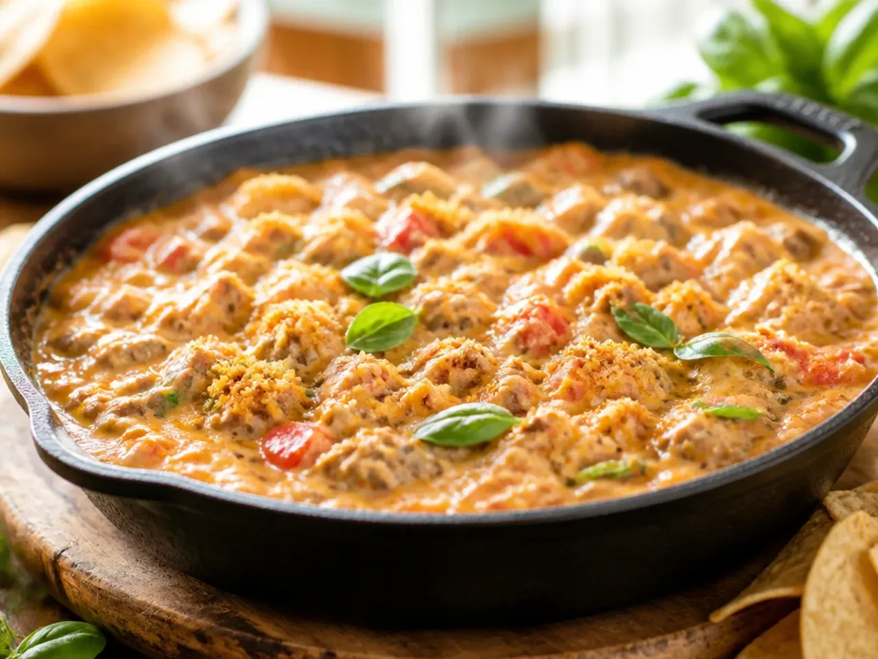 Close-up of extra-creamy rotel sausage dip showing a thick, smooth texture