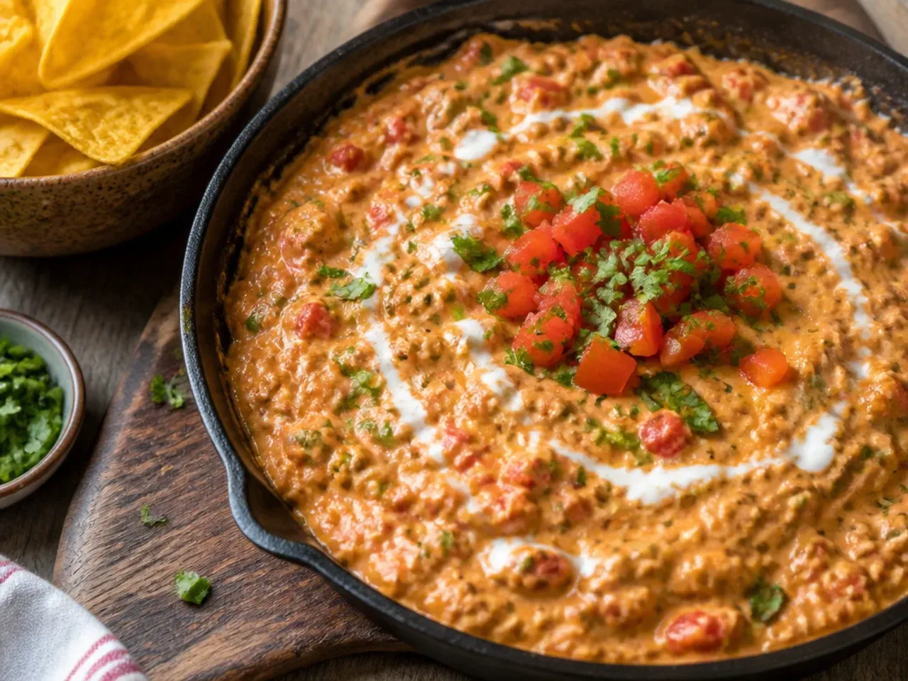 Loaded rotel sausage dip topped with bacon bits, jalapenos and spring onion