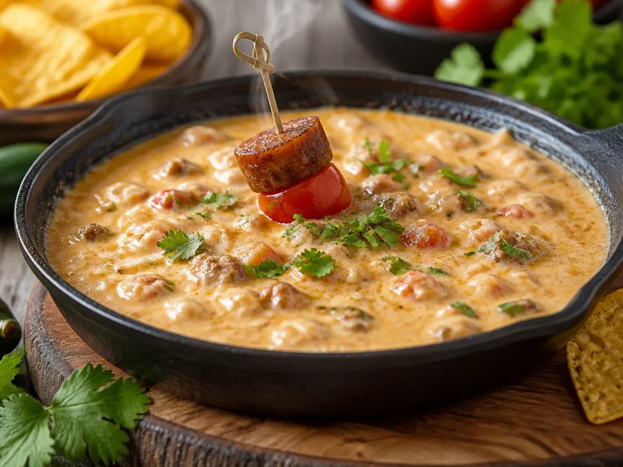 Restaurant-style rotel sausage dip garnished with lime and fresh coriander