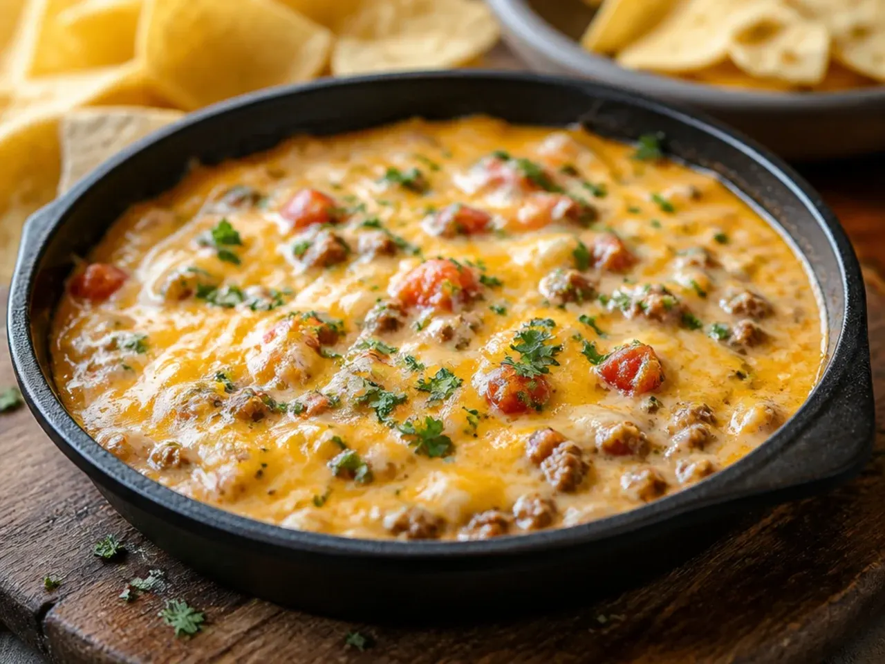 Spoon lifting a cheesy, stretchy scoop of triple-cheese rotel sausage dip