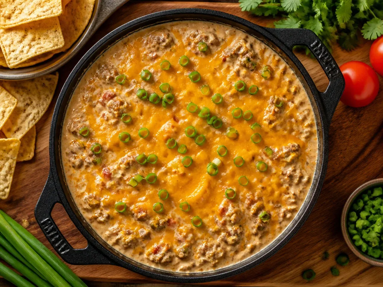Simple budget rotel sausage dip in a plain serving bowl with tortilla chips