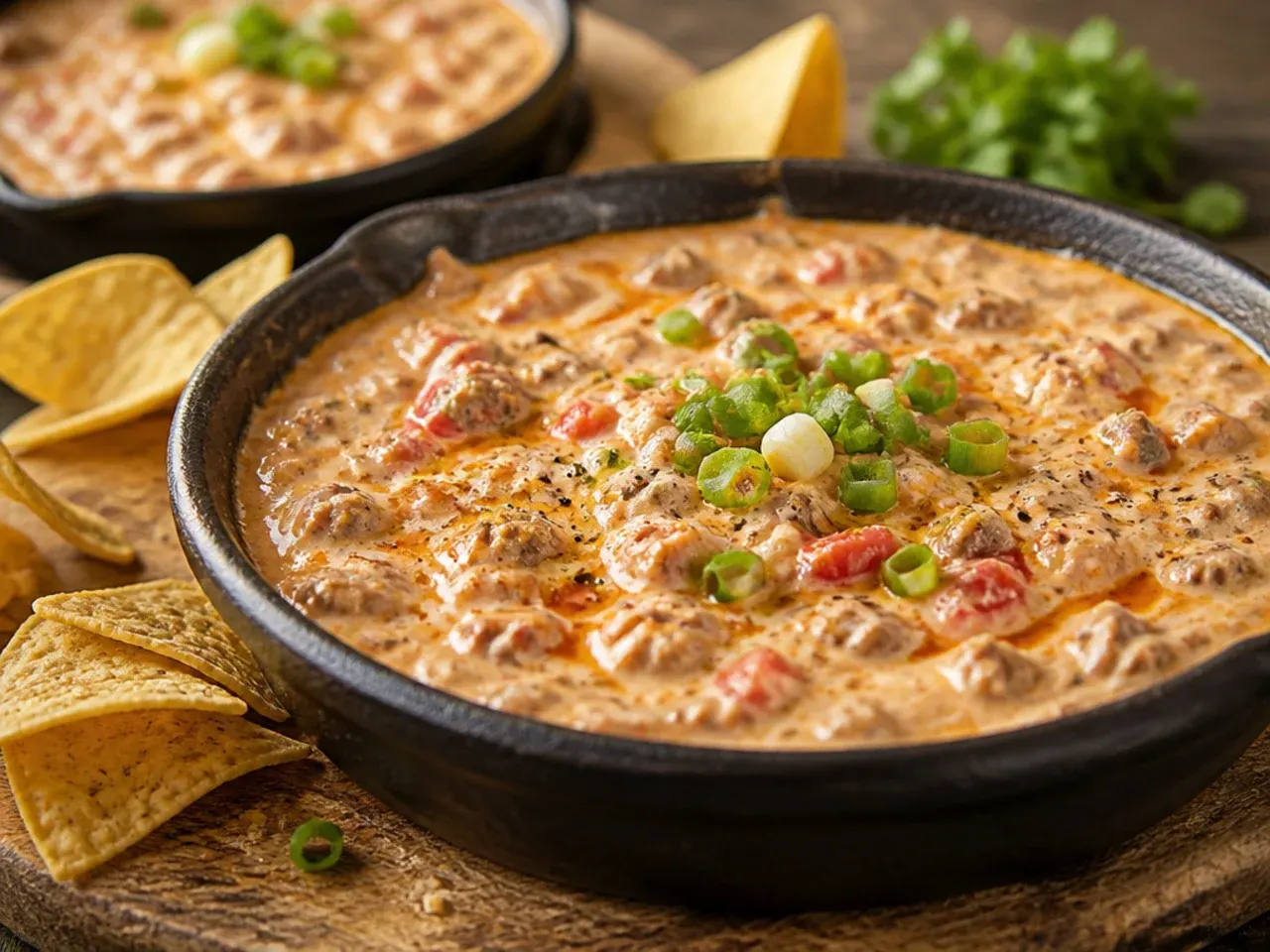 Large party spread with a double batch of rotel sausage dip and assorted dippers