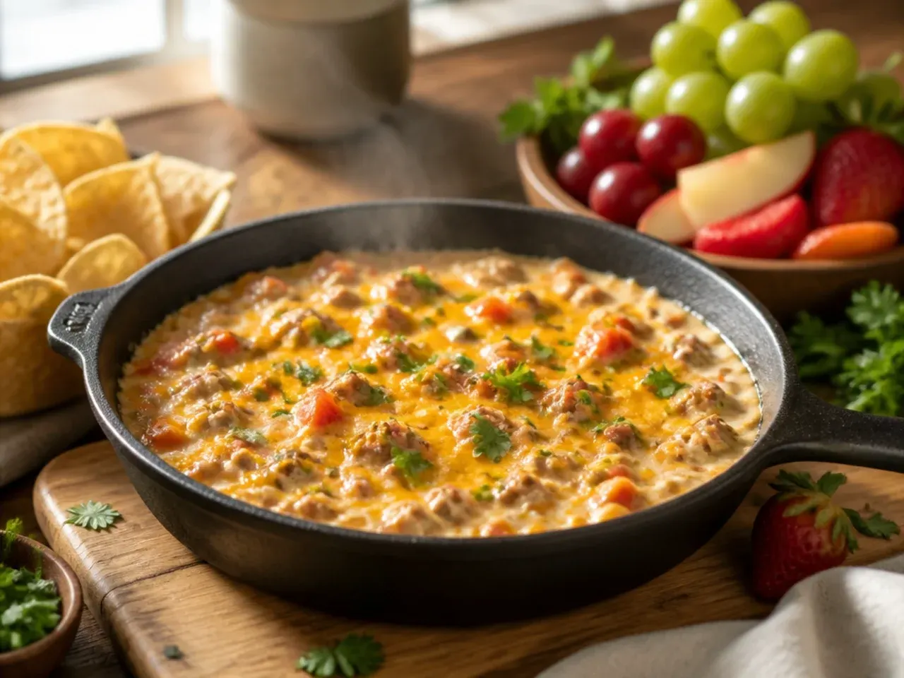 Mild family-friendly rotel sausage dip served with plain tortilla chips