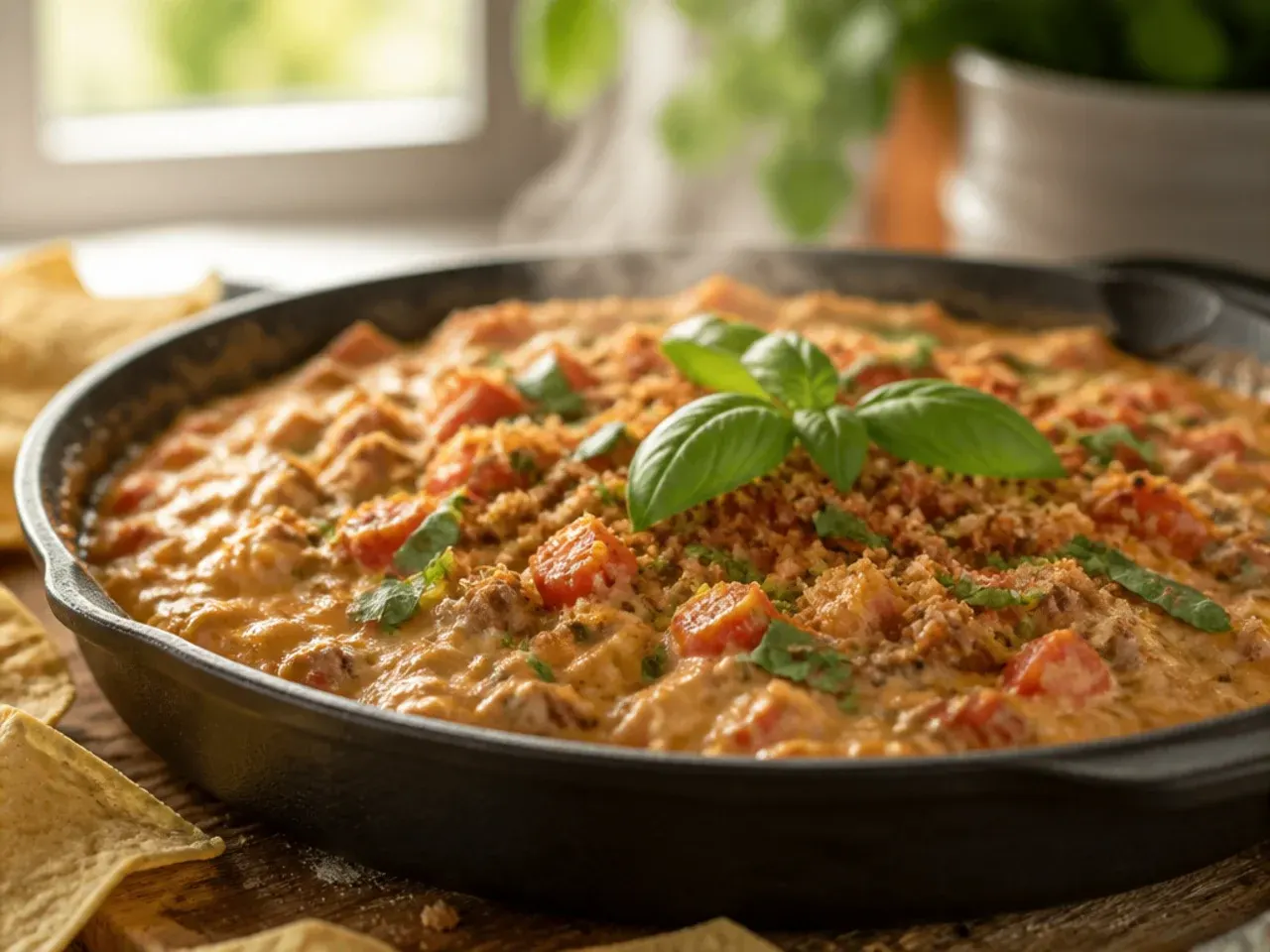 Festive rotel sausage dip with red and green peppers on a holiday buffet table