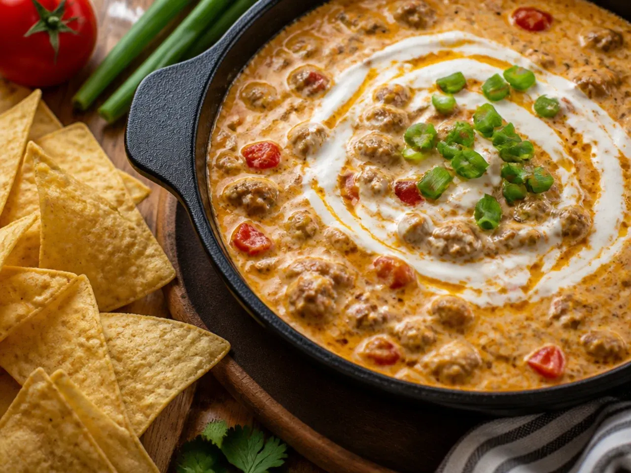 Quick rotel sausage dip being stirred together in a single pan