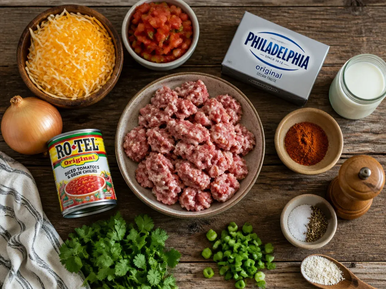 Close-up of smooth, glossy rotel sausage dip being stirred with a spoon
