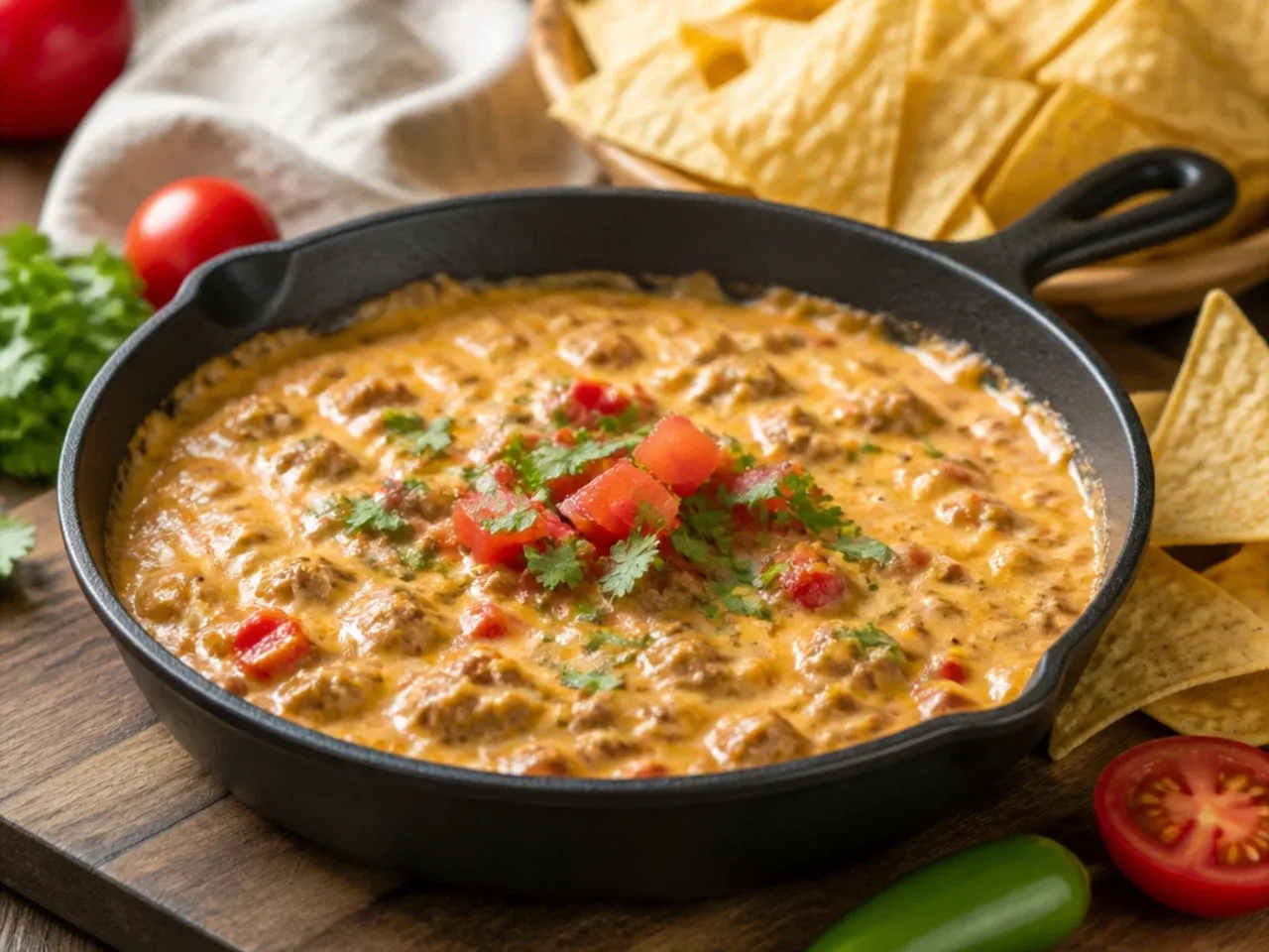Rotel sausage dip served with tortilla chips, bread chunks and vegetable sticks