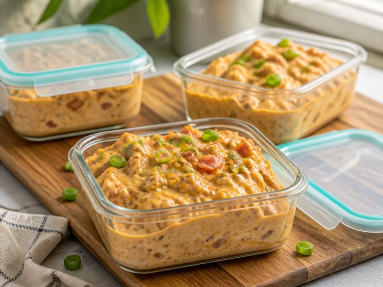 Rotel sausage dip stored in an airtight container in the fridge