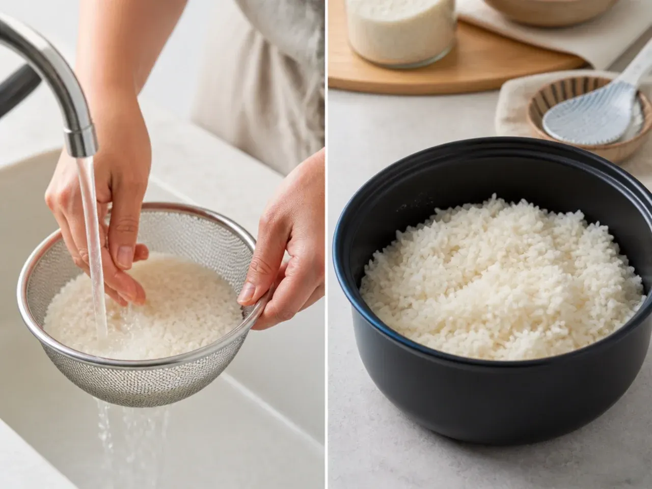 salmon sushi bowl sauce — step 1: rinse and cook the rice